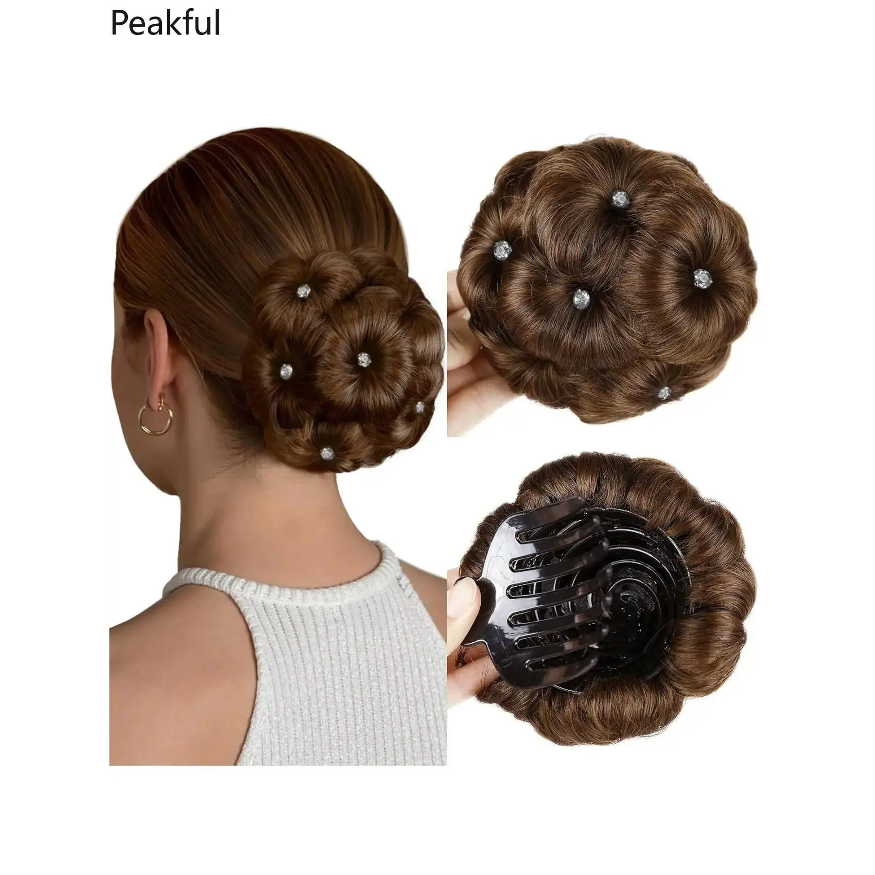 Tousled Messy Bun Hairpiece with Rhinestone Flower, 8-Tooth Claw Clip-in Wavy Updo Extension, Synthetic Fluffy Chignon for Quick Hairstyle, Ideal for Work, Party & Vacation Outfits