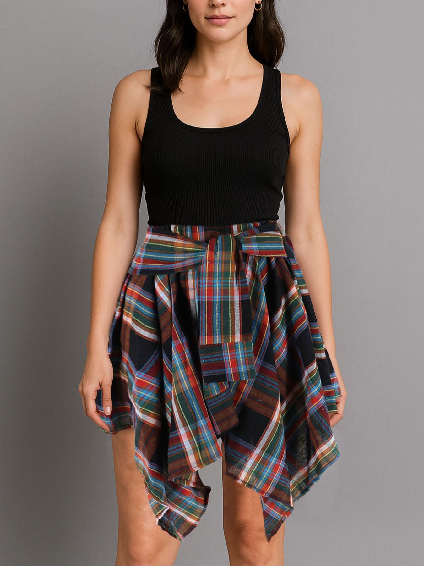 Women's Plaid Print Tie Front A Line Skirt, Casual Asymmetrical Hem Skirt for Summer, Women's Bottoms for Daily Wear, Casual Fitted Skirt