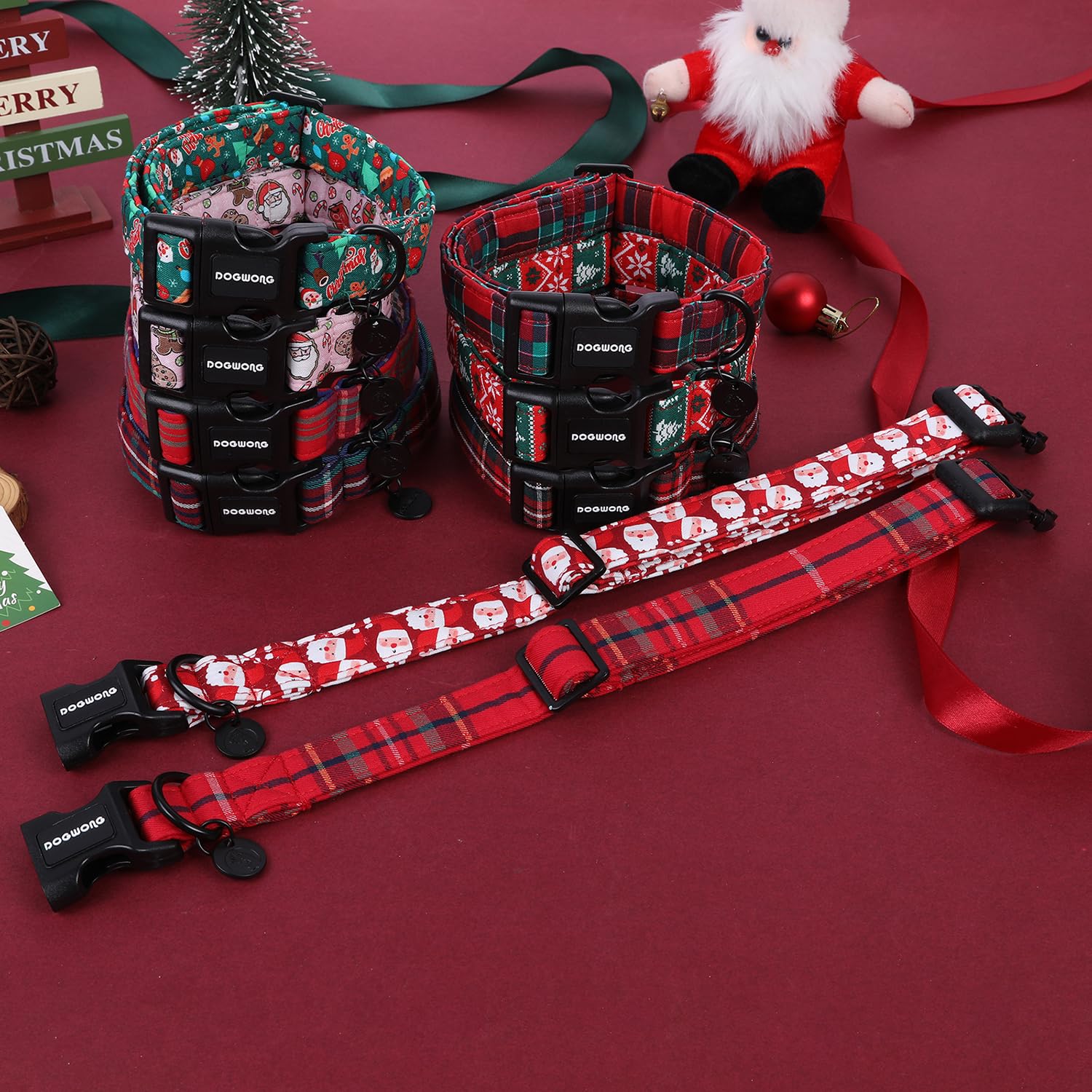 Christmas Cotton Dog Collar Red Santa Claus Design Durable Holiday Pet Collars for Medium Large Dogs with Quick-Release Buckle and D-Ring - Harnesses