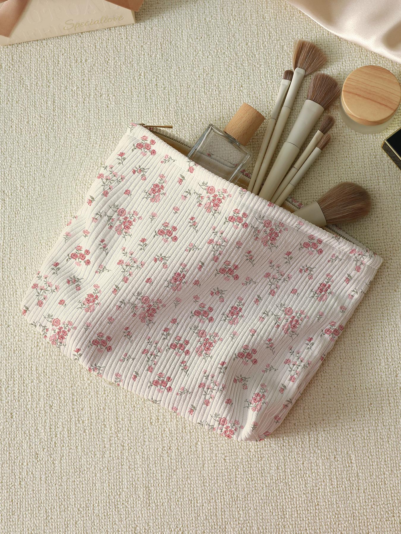 Ditsy Floral Pattern Makeup Bag, Casual Fashion Corduroy Zipper Makeup Bag for Travel, Versatile Storage Bag for Women & Girls, Makeup Organizer Pouch