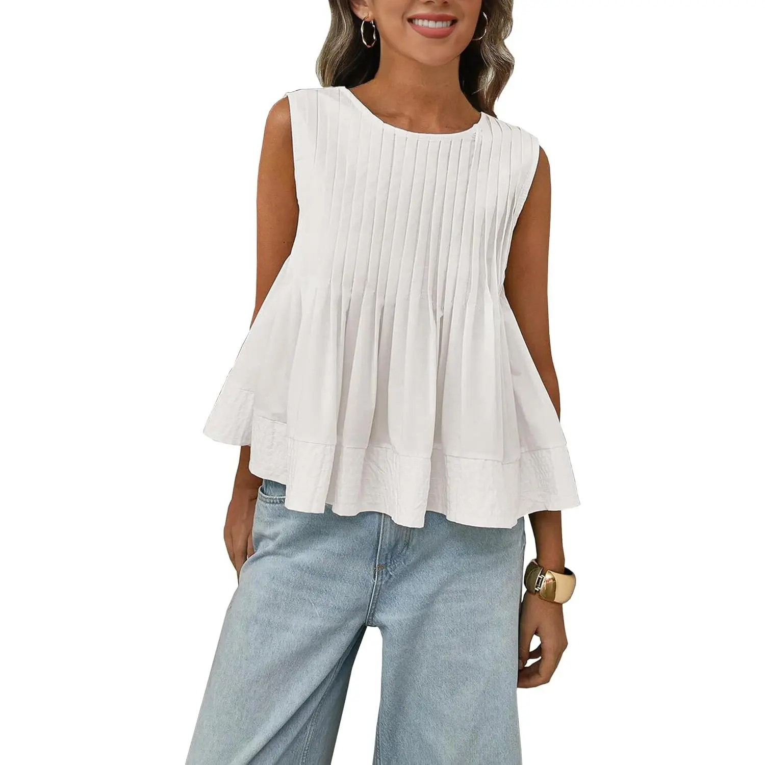 Womens Summer Pleated Peplum Sleeveless Blouse Tank Tops Round Neck Y2K Babydoll Blouse Shirt