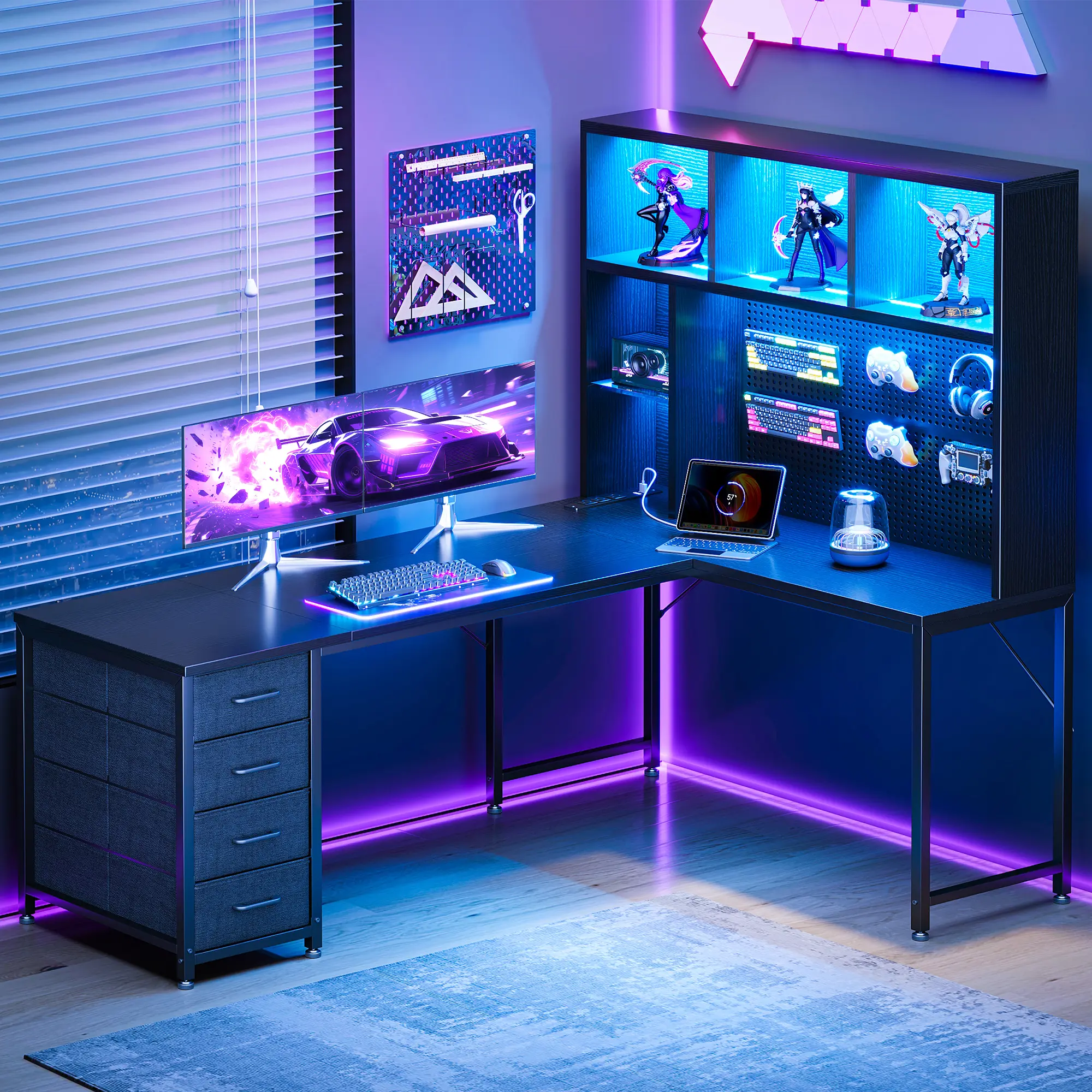AODK L-Shaped Gaming Desk with LED Lights & Charging Station, Reversible Computer Desk with Hutch, Pegboard and Storage Drawers