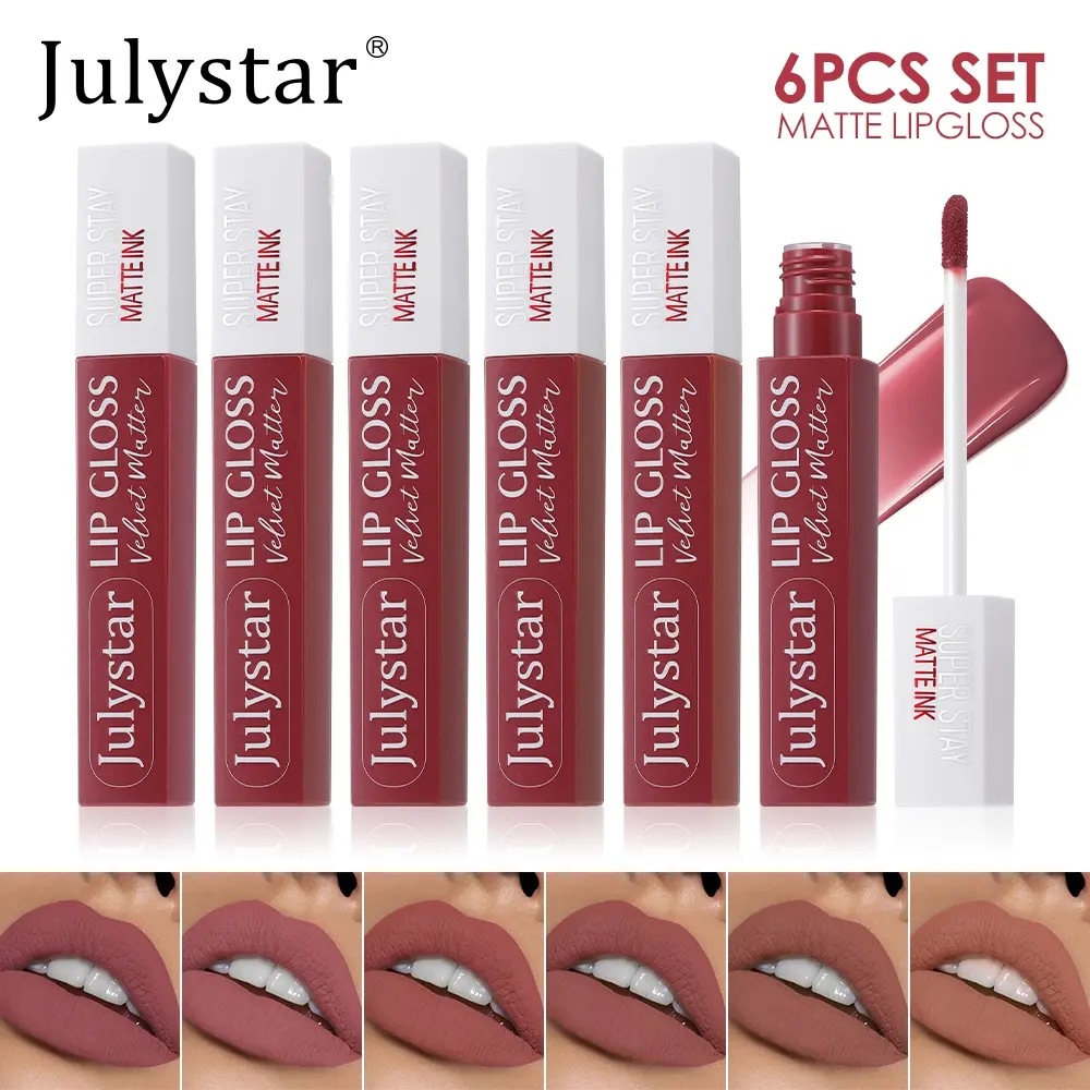 Julystar 6-Piece Velvet Matte Lip Gloss Set, Long-Lasting Liquid Lipstick, Nude Shades, Perfect for Daily Use and Parties