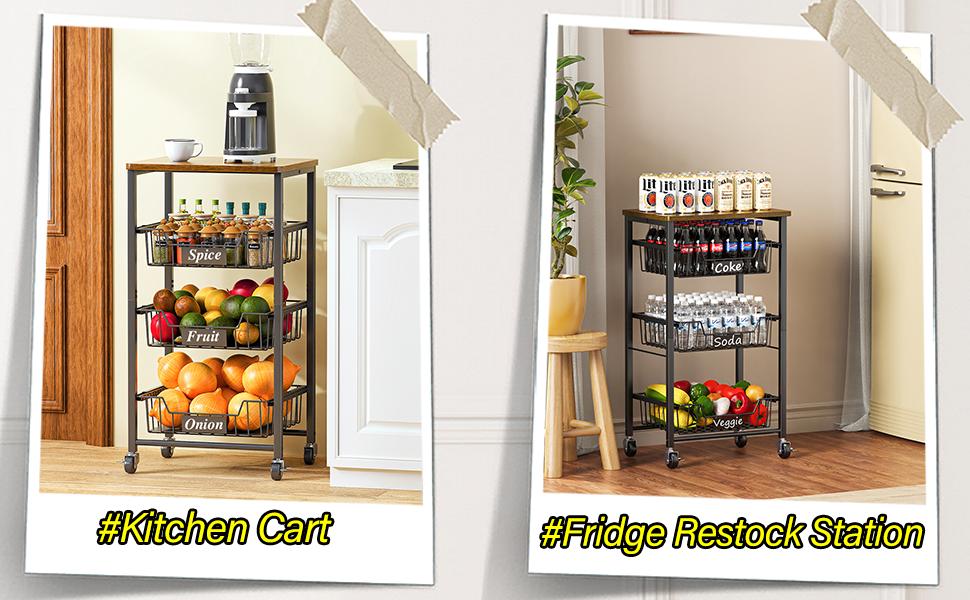 4-Tier Small Kitchen Storage Cart on Wheels, Metal Fruit Basket Stand with Pull-Out Baskets & Wood Top for Potato Onion Produce Snack Veggies