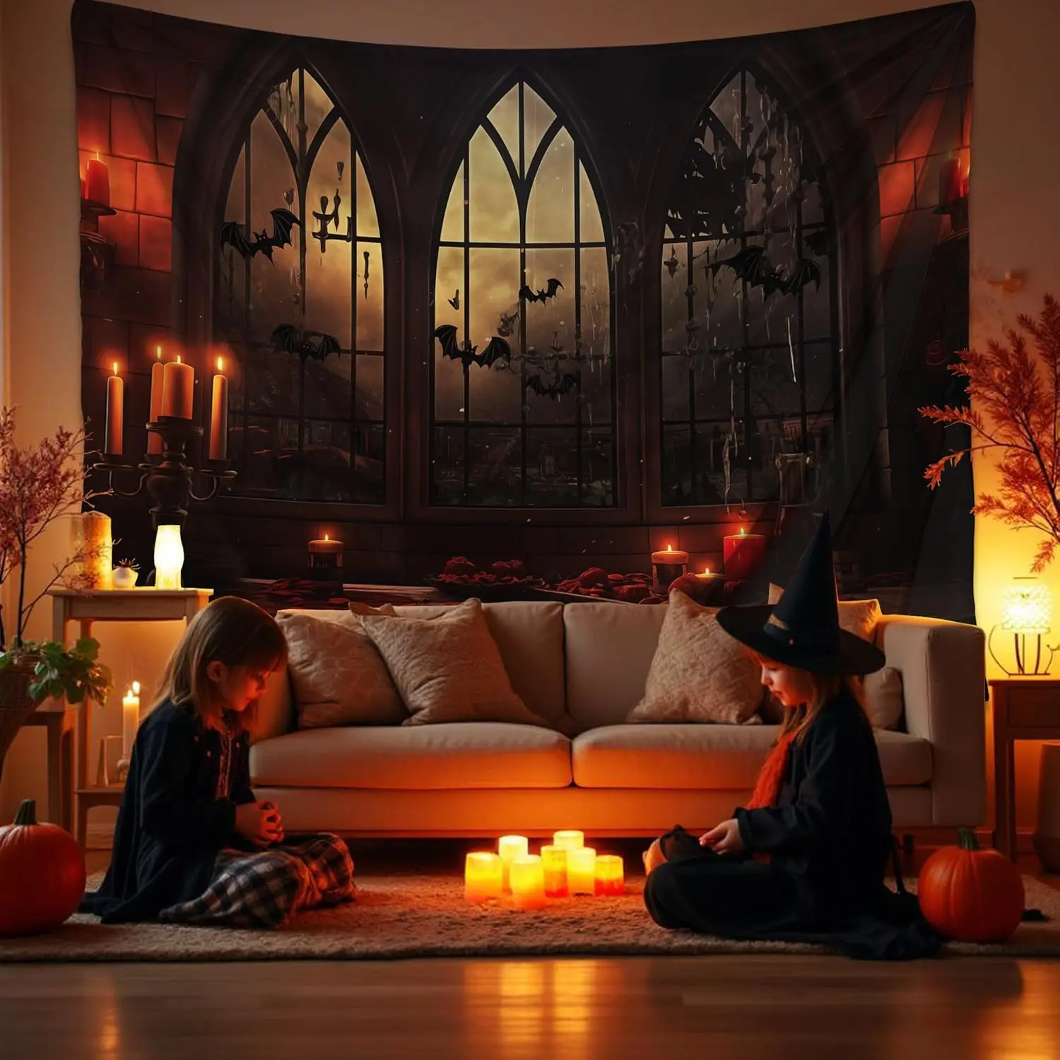 Halloween Tapestry Wall Hanging Horror Castle Window Tapestry Gothic Spooky Backdrop Vampire Medieval Tapestries for Bedroom Living Room Dorm Wall Art Decor