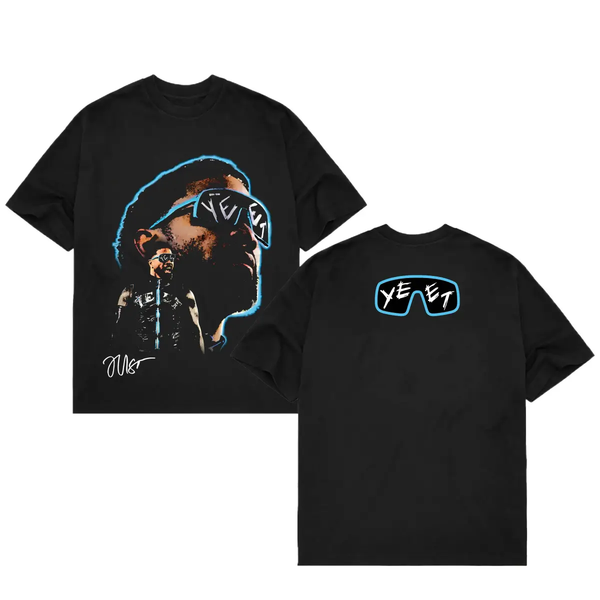 [100% Cotton] Retro Neon Glow Portrait Graphic Tee Cool Sunglasses Yeet Meme Printed Tshirt Y2K Streetwear Crewneck T Shirt Unisex Hip Hop Casual Summer Top Sporty Fashion Blue Outline Cotton Tee