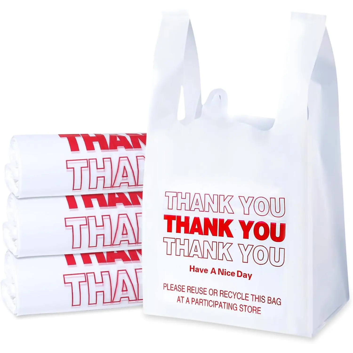 Plastic Bags, 300 Count Thank You Bags For Shopping, Grocery | Plastic Bag For Small Business (11"x 6"x 21"), Plastic Bags With Handles, Recyclable T Shirt Bags - White