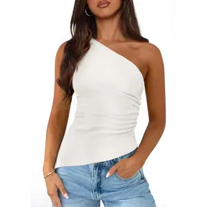Womens 2026 Summer Y2K Tops Sleeveless One Shoulder Slim Fit Shirts Ruched Knit Asymmetrical Top Blouse