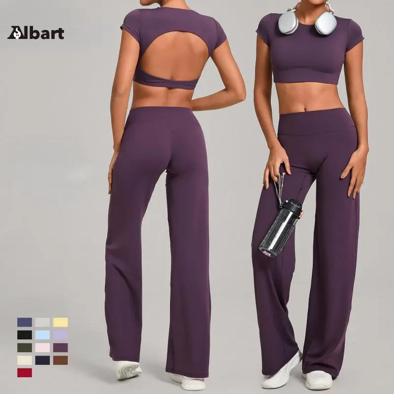 Women 2 Piece Yoga Workout Matching Set, Short Sleeve Back Cutout Crop Sports Top And High Waist Straight Leg Yoga Pants, Soft Stretch Activewear Co Ord Set For Pilates, Light Training, Daily Street, Vacation Casual Outfits