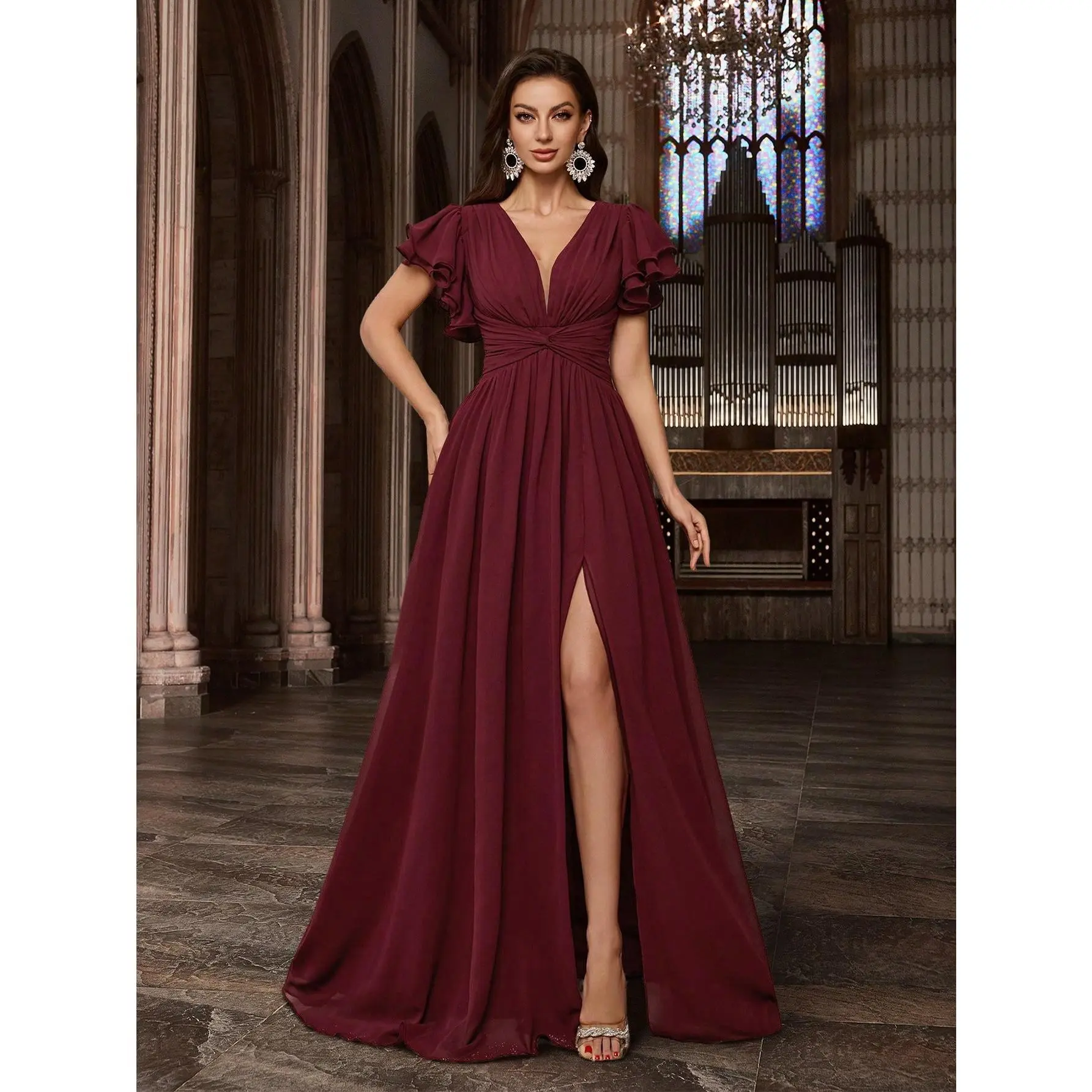 Women's V-Neck Ruffle Short Sleeve Twist Waist Chiffon Maxi Gown, High Thigh Slit A-Line Formal Dress