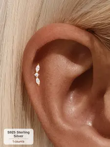 1Pc S925 Sterling Silver Gold Plated Flat Back Stud Earring, Cubic Zirconia Studs, Non-Tarnish Hypoallergenic Y2K Bling Rhinestone Accessories, CZ Asymmetric Geometric Patchwork Cartilage Helix Piercing Bridal Wedding Party Jewelry Gift for Her