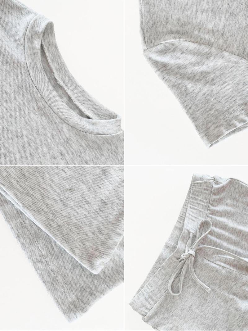 Women's Solid Short Sleeve Two-piece Set, Casual Round Neck Crop Tee & Drawstring High Waist Trousers for Daily Wear, Ladies Summer Clothes