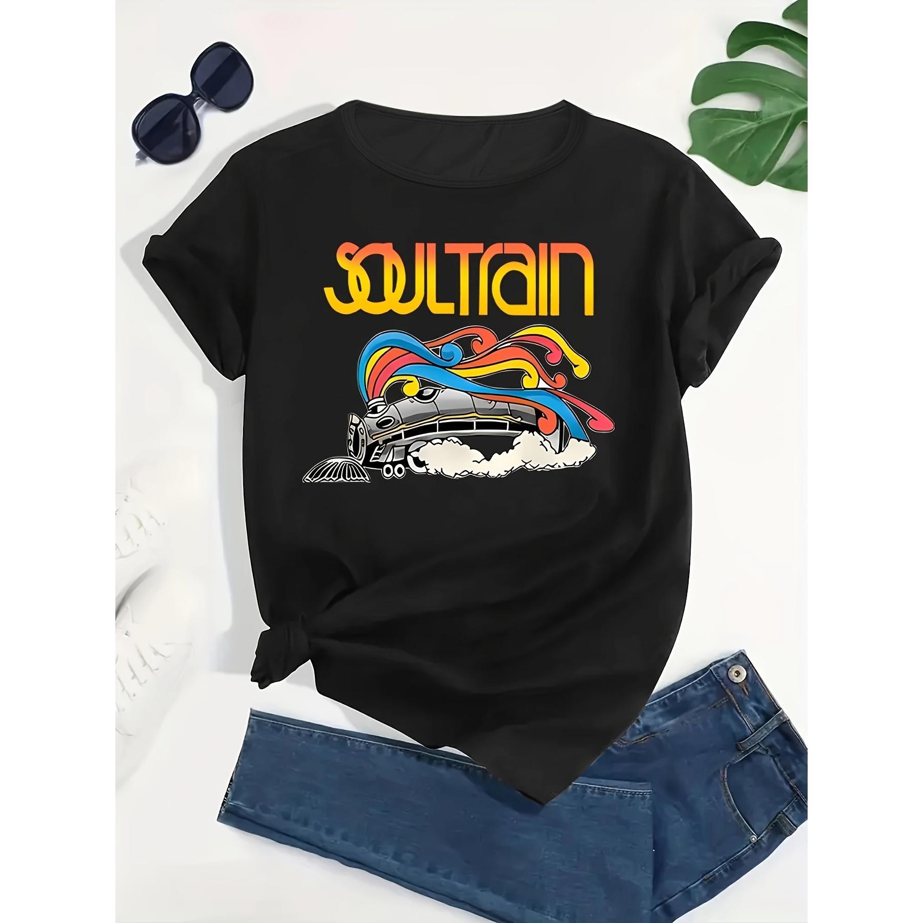 [Vibrant Soul Train Tee] Vibrant Plus Size Women's Fashion T-Shirt - "Soul Train" Graphic, Stretchy Polyester Blend, Round Neck Short Sleeve - Colorful & Comfortable Casual Wear