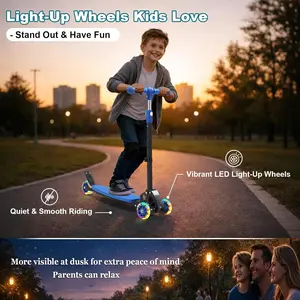 3 Wheel Kids Kick Scooter for Ages 3-12, Lean-to-Steer, Light-Up Wheels, 3-Level Adjustable Handlebar 27.5"-33", Wide Non-Slip Deck, Dual Rear Brake,Travel Foldable, for Boys & Girls Toy Gifts