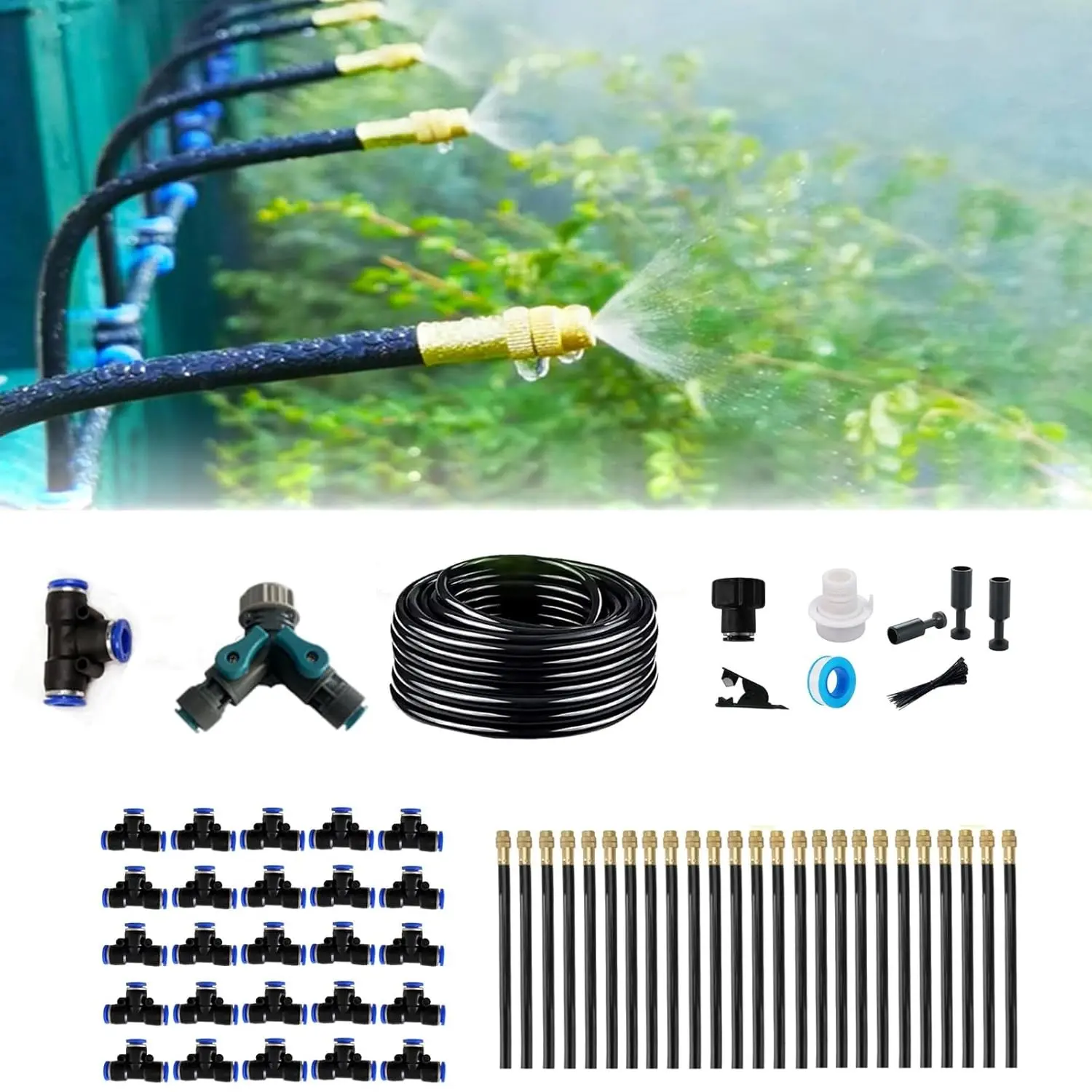 New drip Irrigation kit, Automatic Garden Watering System, Quick Connector and 360-degree Bending Dropper atomizing Copper Nozzle, Garden Plant Lawn Courtyard Watering System. (100FT)