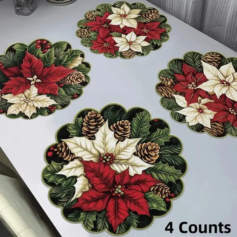 4 Counts Winter floral and pine cone patterned circular wave placemat, winter decorative placemat, non slip fabric placemat, heat-resistant, winter restaurant and party decoration