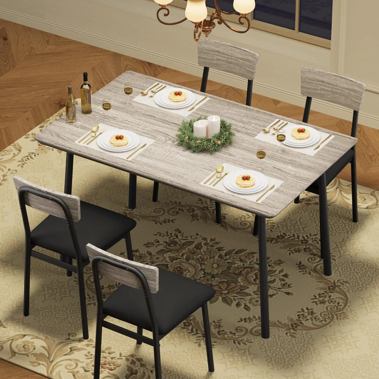 5-Piece Industrial Dining Table Set with 4 Chairs, Space-Saving Kitchen Table for Small Apartments. Heavy Duty Steel Frame, 400lbs Capacity per Chair. Waterproof PU Leather, Easy Assembly. Modern Farmhouse Breakfast Nook Furniture
