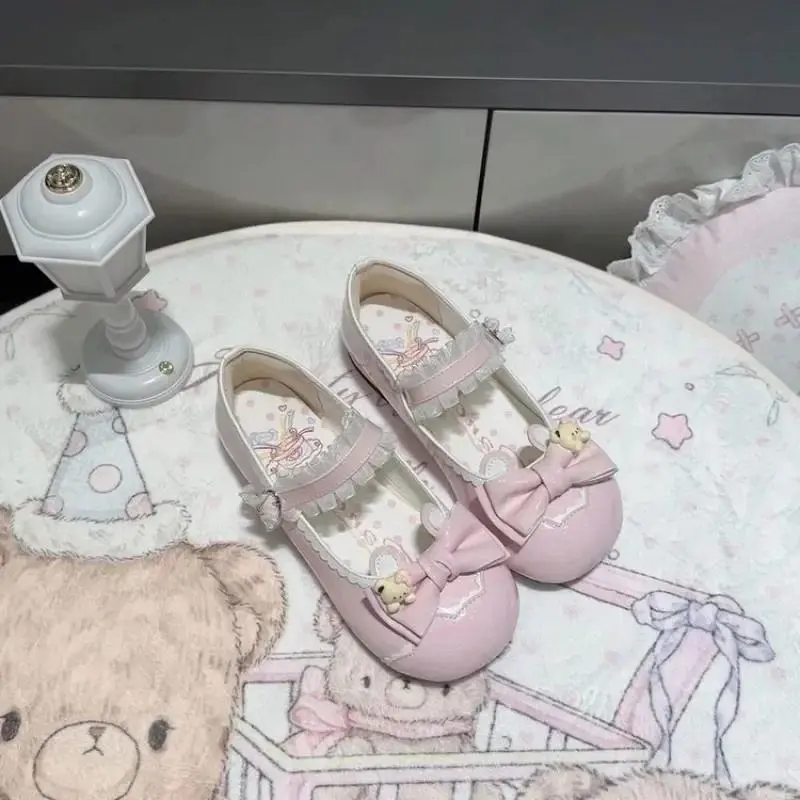 Women's Lolita Low Heel Pumps, Round Toe Ballet Style Leather Shoes, Bow Suitable for Daily/Cosplay/Party Wear.