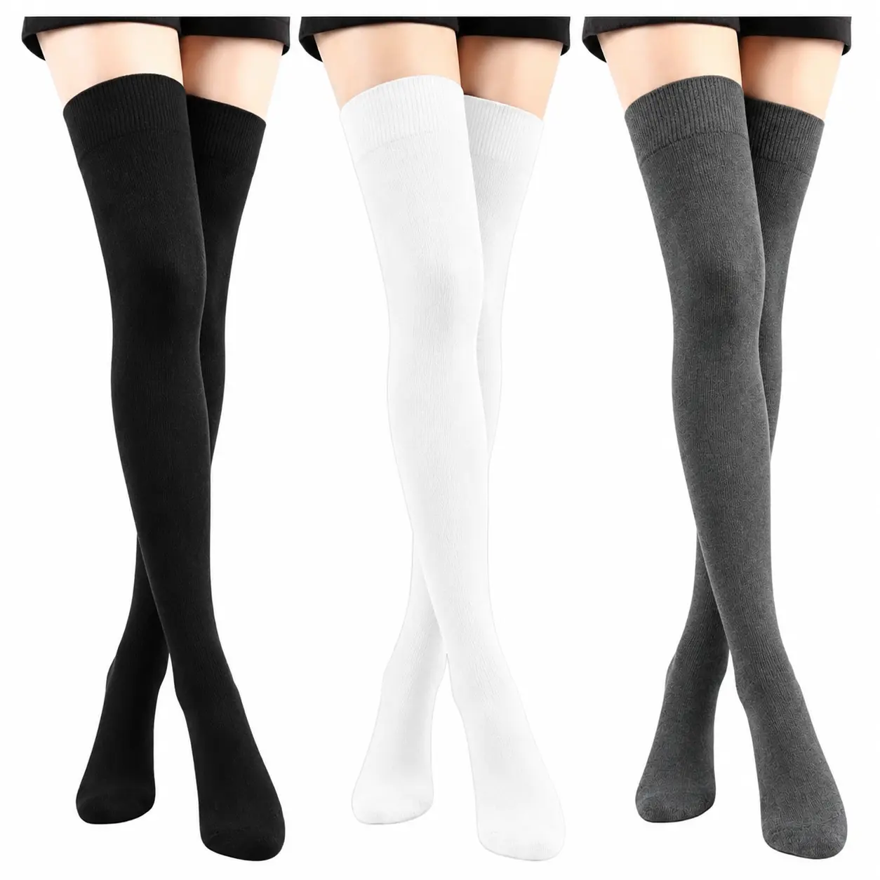 Women's Thigh High Socks 3 Pairs, Soft Cotton Over the Knee Socks for Women, Stretch Warm Thigh High Stockings, Casual Fashion Knee High Socks for Daily Wear - Black White Gray