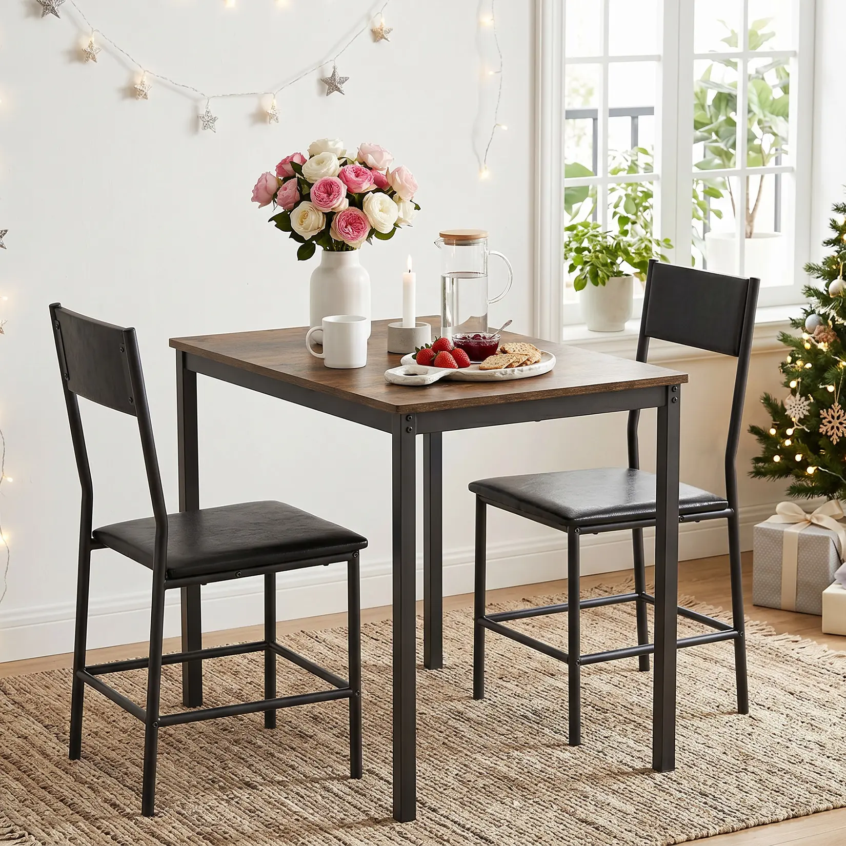 3-Piece Industrial Space Saving Furniture Dinette Set, 35.4in Rectangular Metal-Leg Kitchen Table, 2 PU Upholstered Chairs for Small Spaces (Seats 2)