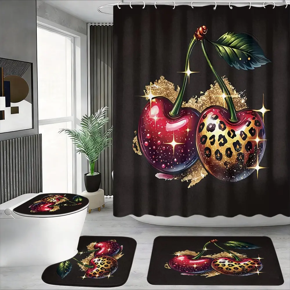 4pcs Leopard Print Cherry Glitter Shower Curtain Set, Elegant Fruit Pattern Bath Mat,The floor mat fabric is thicker and softer!  Trendy Glam Home Decor for Summer Holidays, Bathroom Decor And Accessories