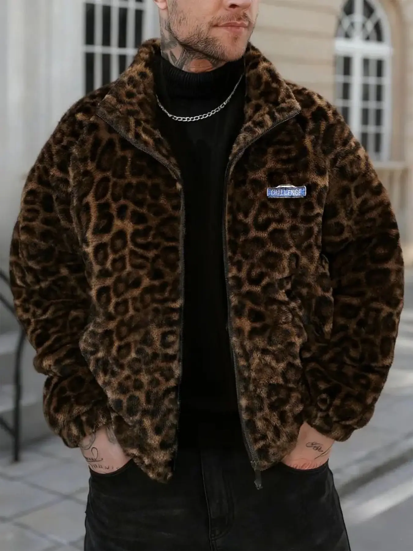 Men's Streetwear Fleece Jacket, Leopard Print Stand Collar Zip-Up Design With Pockets, Suitable For Daily Wear, Casual Gatherings And Street Outings In Autumn And Winter, Everyday Jackets Casual Jacket Coat