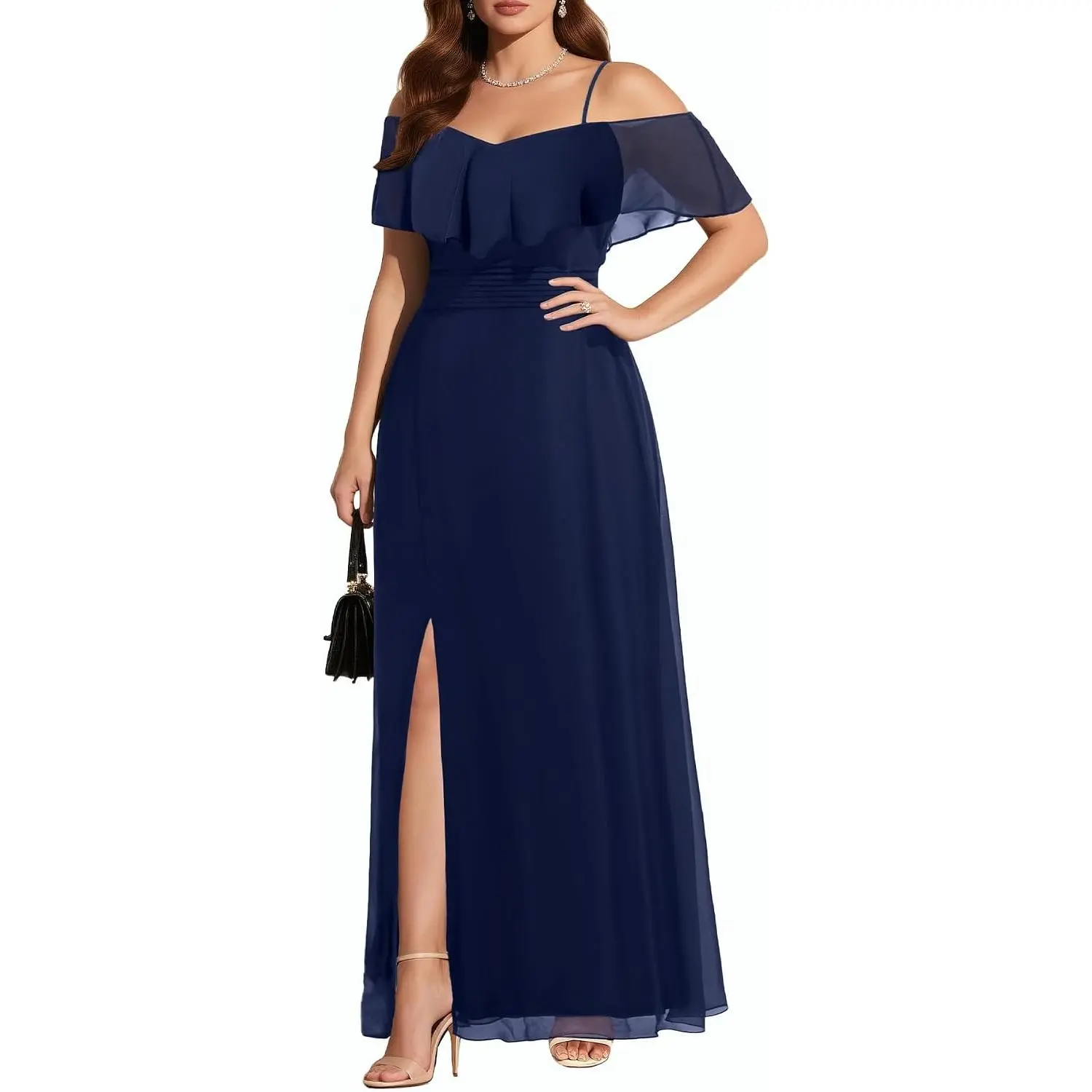 Women Plus Size Formal Dresses Wedding Guest Off Shoulder Bridesmaid Dress High slit, soft chiffon, off-shoulder with ruffle, a-line, long maxi dress for bridal shower, evening party, formal events