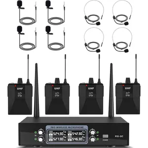 4   Lapel Microphone System with 4 Headset Mics, 4 Lavalier Mics, UHF Metal Receiver, 4 Bodypacks,  Volume Control, 262ft Range for , Classroom, Church, Events