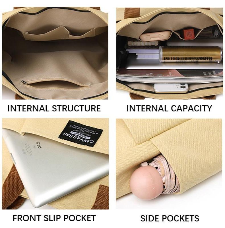 2026 Trendy Preppy College Canvas Tote - Solid Color Multi-Pocket | Secure Zipper Large Capacity | Convertible Shoulder/Crossbody | Fall Outfits & Thoughtful Gift Must-Have