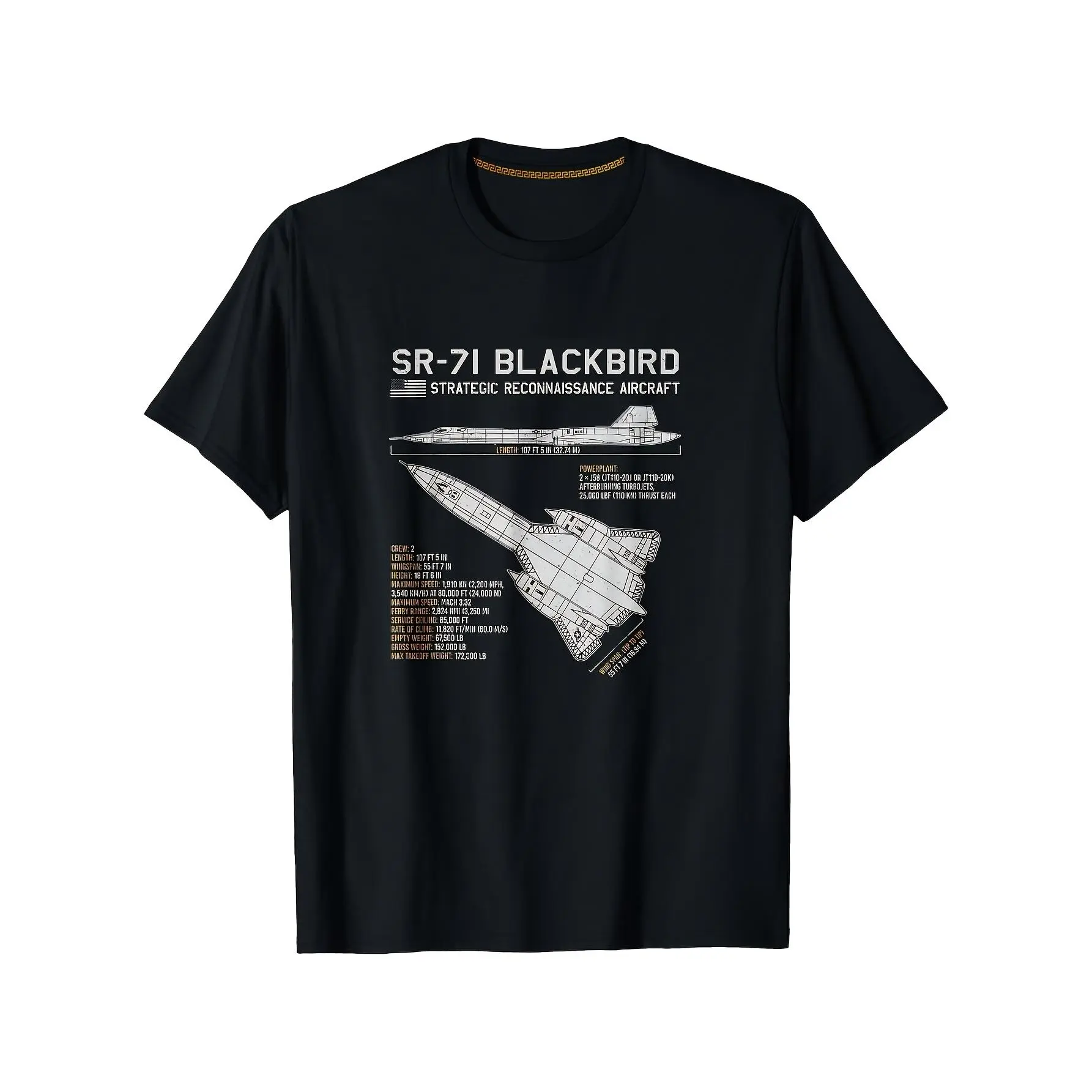 SR-71 Blackbird T-1-Black Cotton Short-Sleeve Top - Reconnaissance Aircraft Blueprint, Vintage Aviation Style, Unisex Round Neck, Machine Washable, Detailed Specs, Casual Wear, Aviation Enthusiast Gift (Sizes S-2XL, Black)