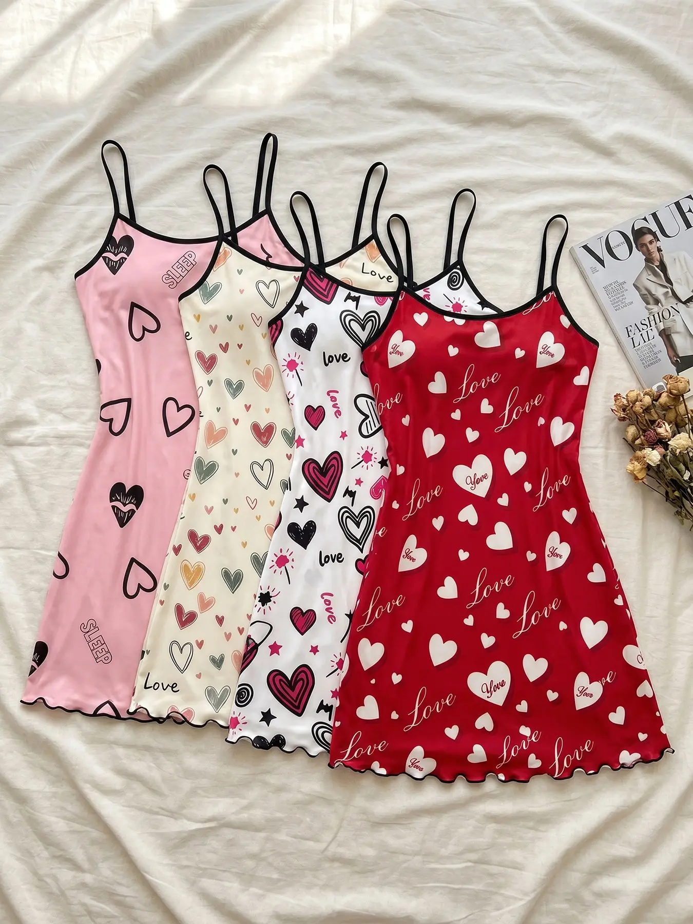 Women's 4 Pack Cami Spaghetti Strap Nightgown Set, All Seasons Wearable, Graffiti Heart Letter Print, Wavy Ruffle Hem, Y2K Casual Sweet Style, Loose Fit for Loungewear & Casual Photos