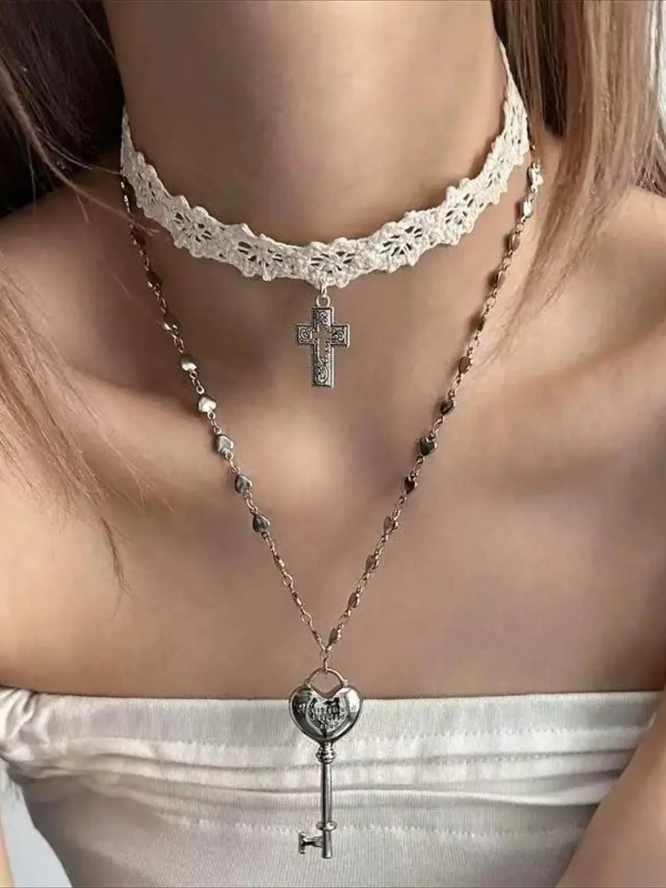 2Pcs Gothic Layered Necklaces Set, White Lace Choker With Cross Pendant & Heart Key Charm Long Neck Chain, Vintage Y2K Daily Costume Accessories For Women, Choker Jewelry