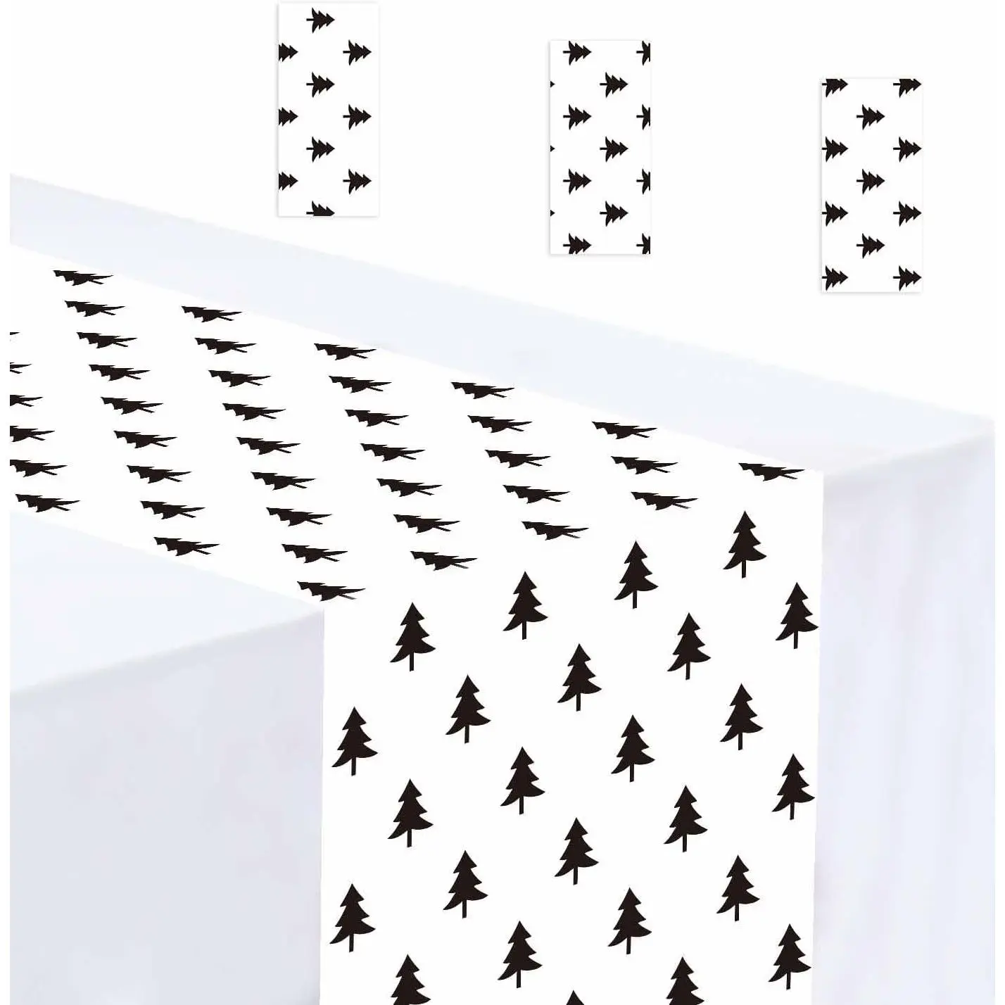 3 count Christmas Table Runner Plastic 14 x 108 Black Christmas Tree Table Runner for Xmas Winter Holiday Kitchen Dining Tabletop Centerpiece Decorations Disposable Xmas Runners
