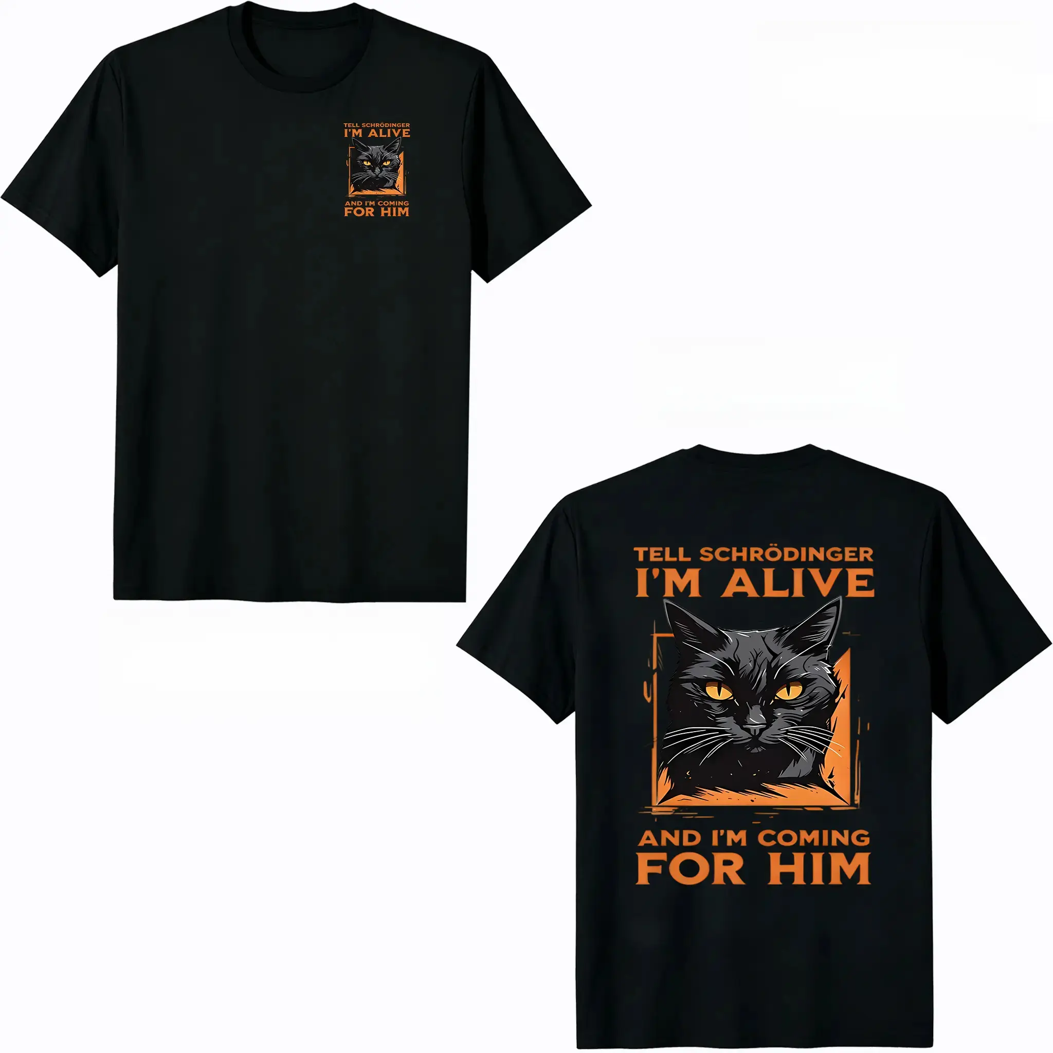 Quantum Mechanics Meme Print Casual Crew Neck Men's T-Shirt, Cat Pattern Men's Top, Gift for Quantum Enthusiasts, Fun T-Shirt for Friends, Halloween Party Novelty Shirt, Orange-Eyed Black Cat Print Men's Clothing, Fun Gift, Casual W