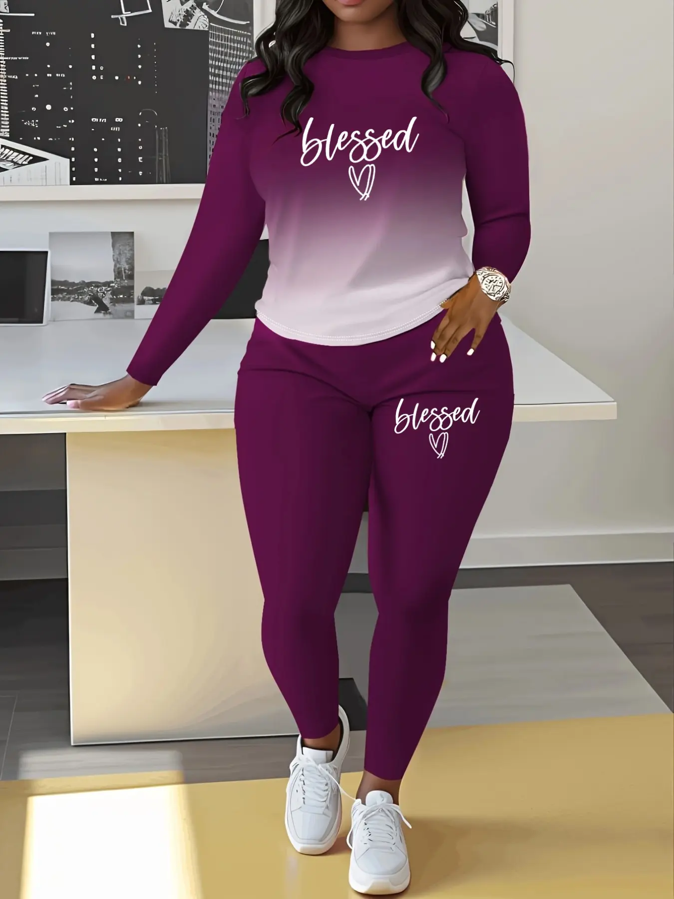 Spring Summer Long Sleeve Top Pants Set, Heart Prayer Print Gradient Color, Casual Women's Two-Piece Fit, Comfortable and Stylish
