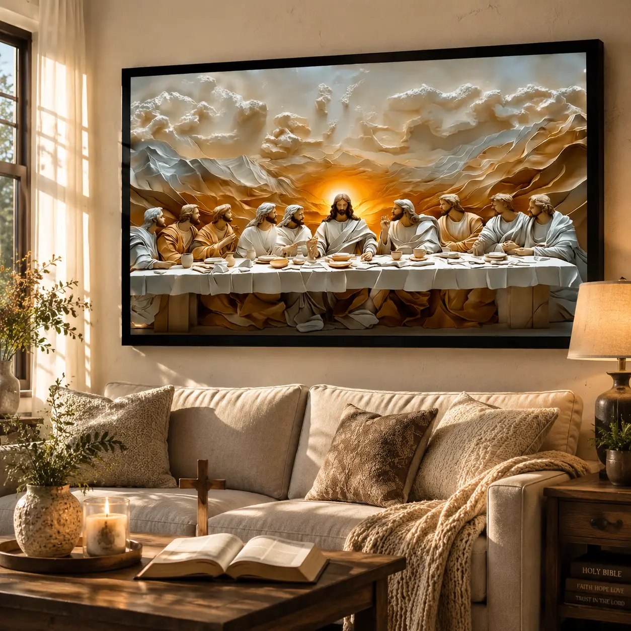 The Last Supper theme, high-end Christian wall art, religious wall art, Decorative Artwork, with glowing effect, festival gift, family present, suitable for home wall decoration Canvas Wall Art, Wooden Frame, Jesus Art, Church Decor, USA Home Decor