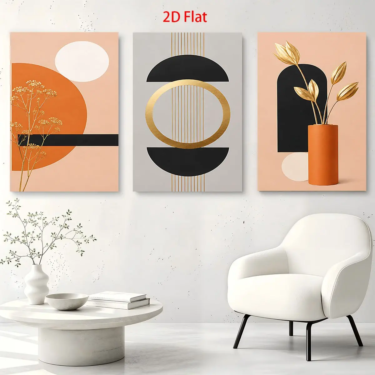 Canvas Canvas ArtCanvas Wall Art Three-Piece Set 2D Flat Paintings--Three 2D flat art prints with a wall theme, featuring geometric patterns and golden plant motifs, suitable for room decoration. They can be used as gifts for Father's D