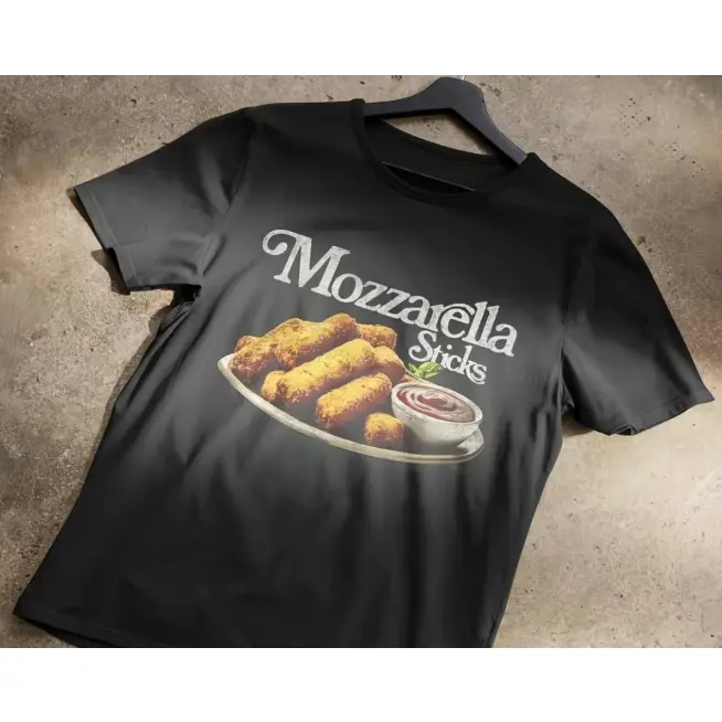 Food Lover Tee – Realistic Mozzarella Sticks Platter with Marinara Sauce & Cursive "Mozzarella Sticks" Retro Script, Fun Food Graphic Cotton Shirt, SummerVibes Perfect Gift For Foodies, Best Restaurant & Casual Outfit, Black Top