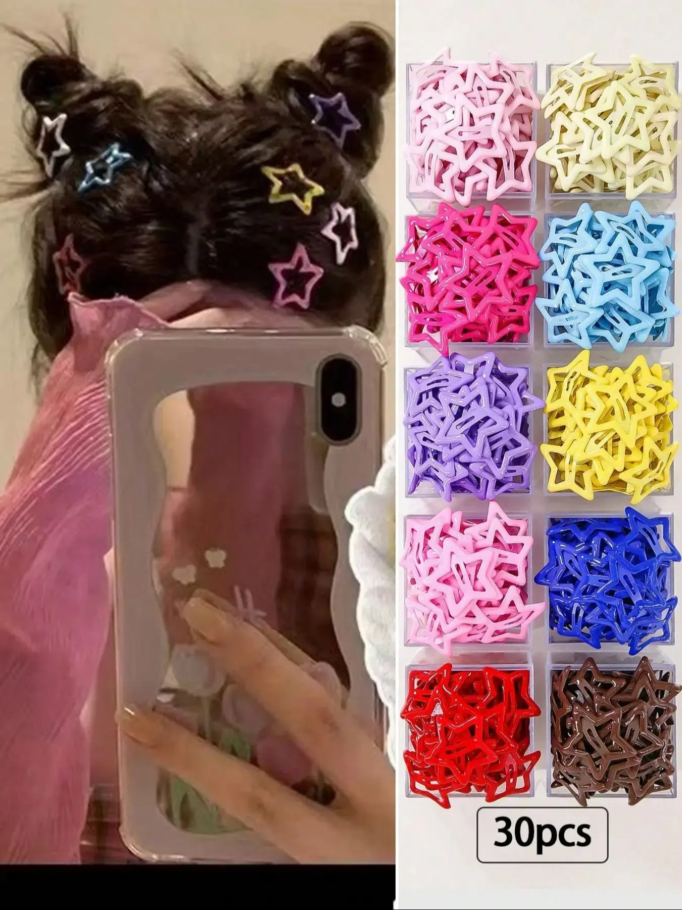 30-Piece Colorful Dopamine Set, Star and Pentagon Glitter Hair Clips, Hair Charms, Cute Princess Hair Accessories, Daily Use, School Supplies