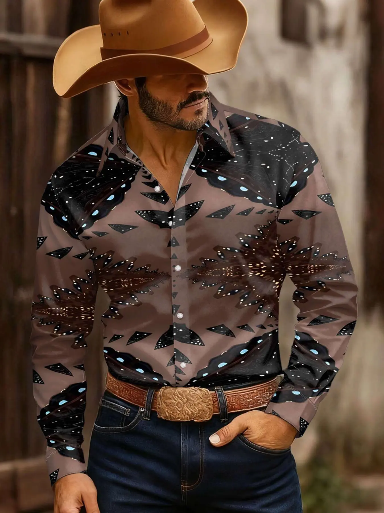 Men's Vintage Western Shirt, Graphic Print Long Sleeve, Casual Loose-Fitting Top, Fashion Trendy Men's Clothing, Menswear, Spring & Fall