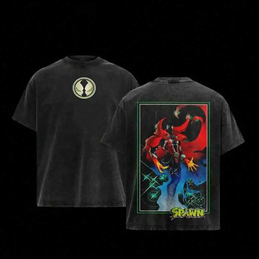 Men's Old Washed Cotton Short-Sleeve Streetwear T-Shirt - Spawn Symbol Dual Graphic, Retro Dark Comic Style, Casual Top for Male Horror Fans - Party, Daily Wear, Tshirt
