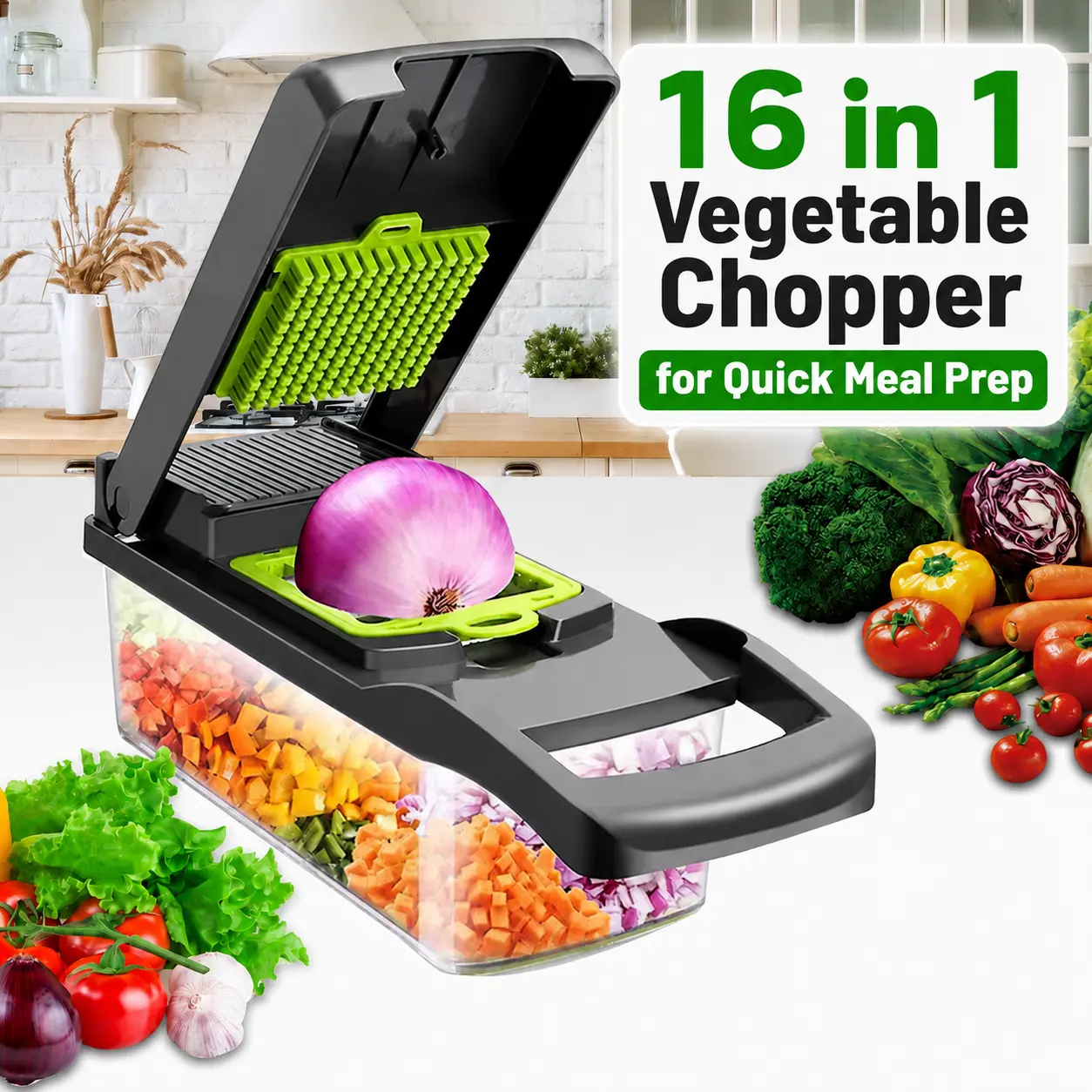 MIUVA Home Essentials  16 in 1 Vegetable Chopper Mandoline Slicer Kitchen Gadget with 7 Replaceable Blades Manual Cutter for Onions Fruits Vegetables Meal Prep