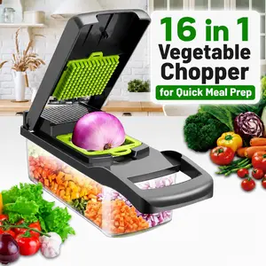 MIUVA Home Essentials  16 in 1 Vegetable Chopper Mandoline Slicer Kitchen Gadget with 7 Replaceable Blades Manual Cutter for Onions Fruits Vegetables Meal Prep