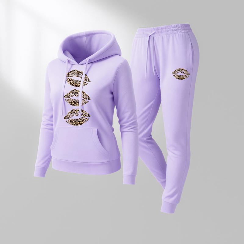 Women's Leopard Print Lips Print Hoodie And Drawstring Track Pants Set, Casual Sportswear, Long-Sleeved Hooded Jacket And Pants, Suitable For Autumn And Winter, Everyday Wear, Indoor And Outdoor Sportswear, Sportswear Set, Casual Sportswear