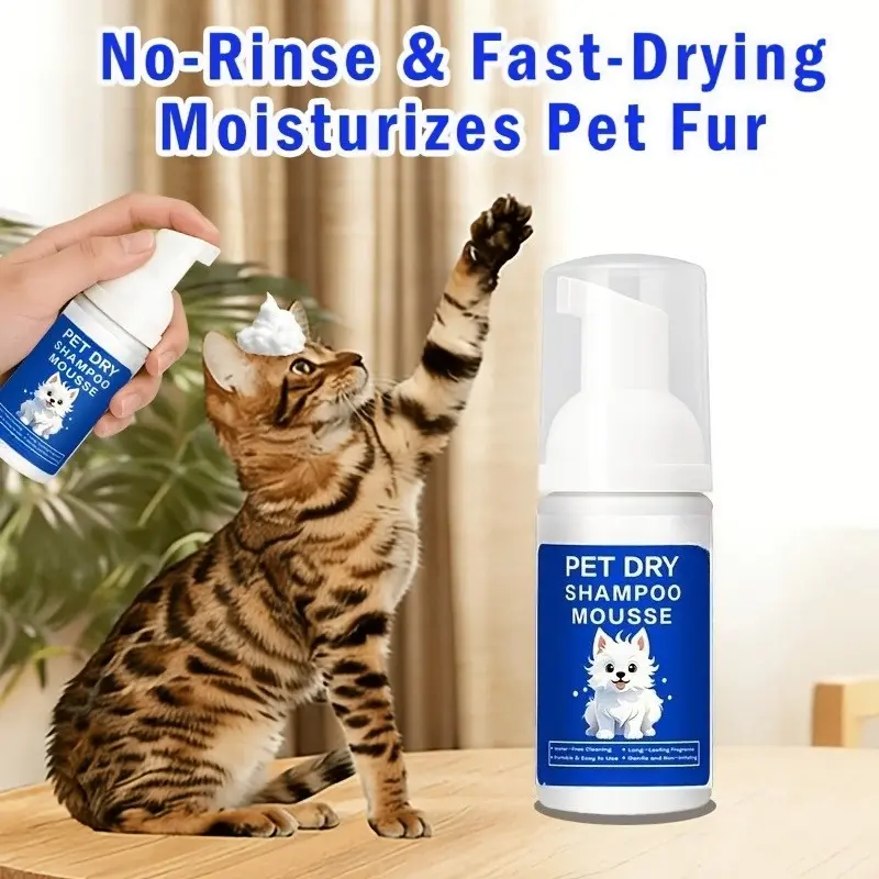 Non washable dog and cat care shampoo, deeply cleanses hair, softens fur body, leaving fluffy and shiny fur. This no wash shampoo is suitable for all varieties, effectively cleaning and caring for hair. It is gentle and skin friendly