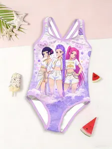 Girls' K-Pop Style One-Piece Swimsuit, Cloud Heart Sweet Cool Cartoon Print, Back Cross Straps Fashion Swimwear, Beach Vacation New Arrival