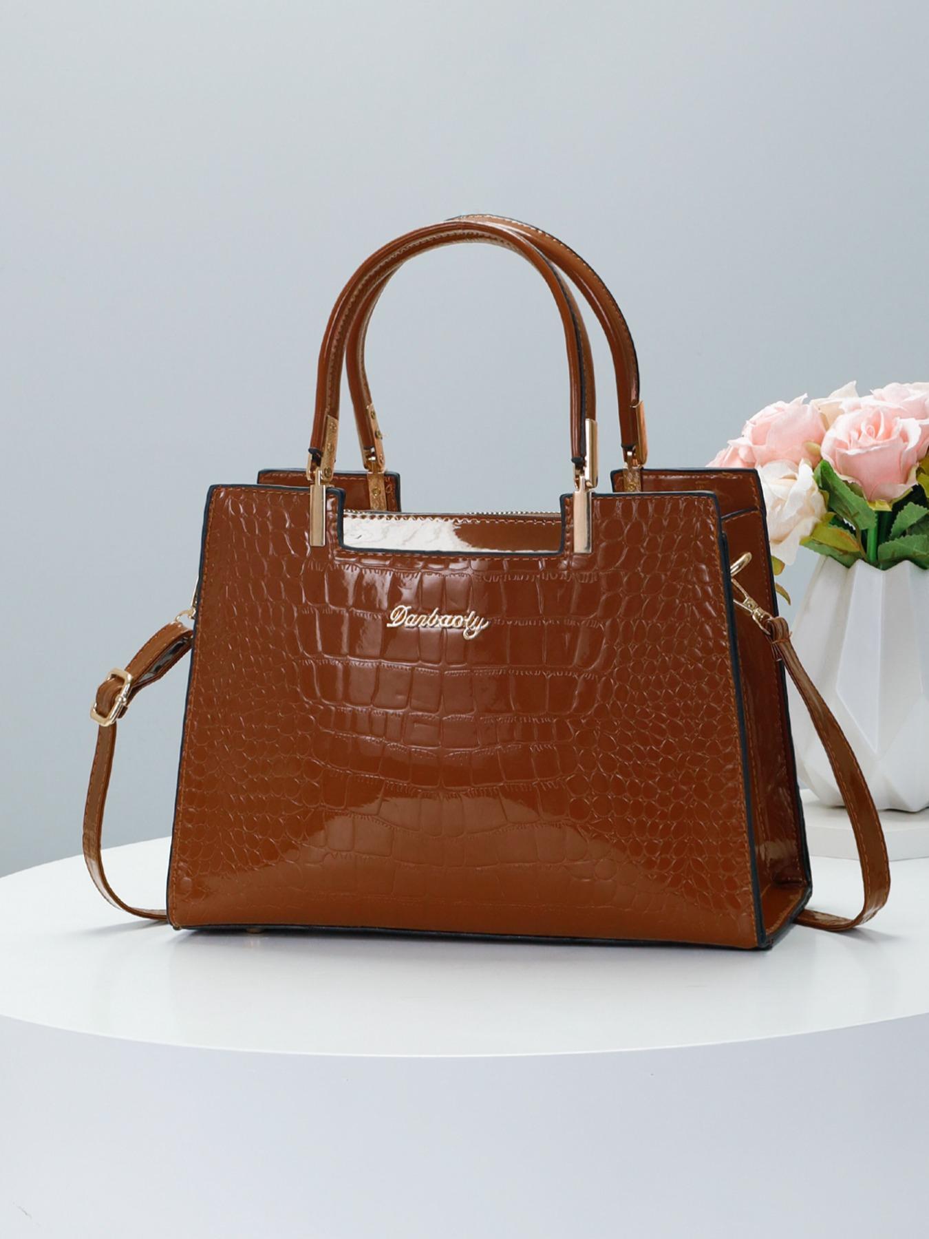 Women's PU Crocodile Embossed Square Handbag As Gift, Fashion Letter Label Classic Tote Bag for Work & Office, Elegant Matching Crossbody Bag As Gift for Wife