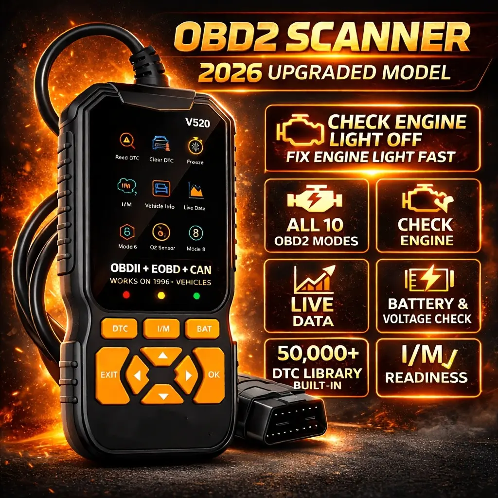 V520 Professional Obd2 Scanner, Vehicle Diagnostic Tool, Engine Fault Detector, Code Reader, Battery Tester, Supports 10 Languages, Compatible with 12V Obd Ii Vehicles