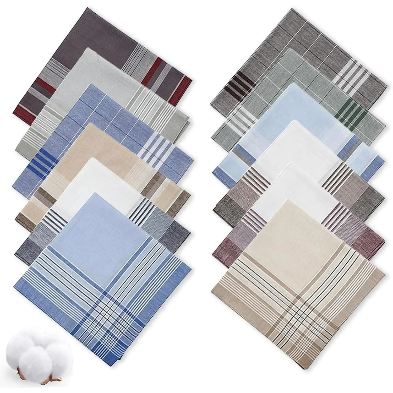 12 Pcs Handkerchiefs for Men, 100% Soft Cotton Hankies with Check Pattern, Classic Reusable 16x16 Inch Pocket Hanky for Daily Use