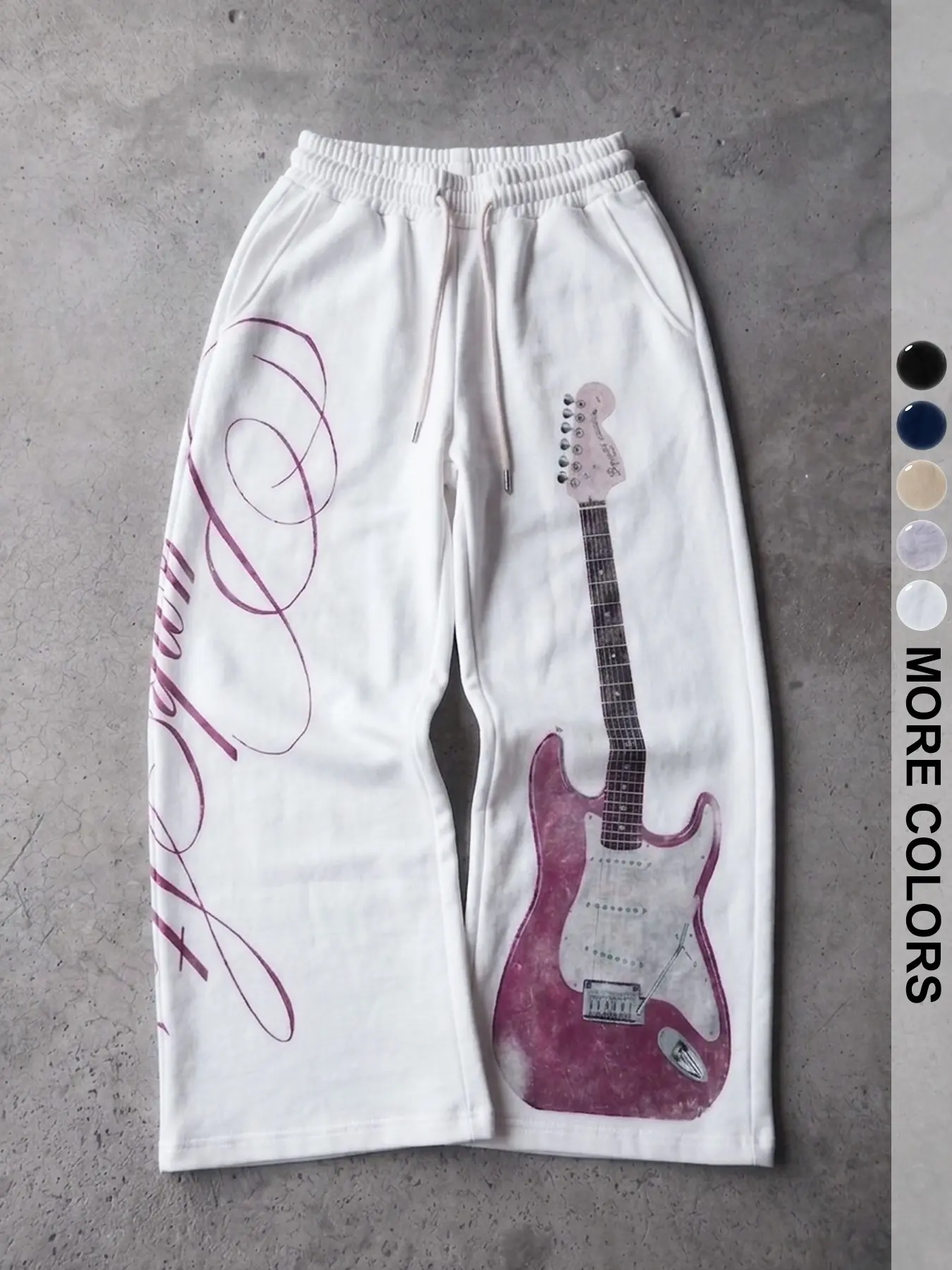 Unisex Rock Band Style Wide Leg Pants, Vintage Guitar Print, Soft Wrinkle-Resistant Fabric, Elastic Drawstring, Spring & Fall Casual Wear